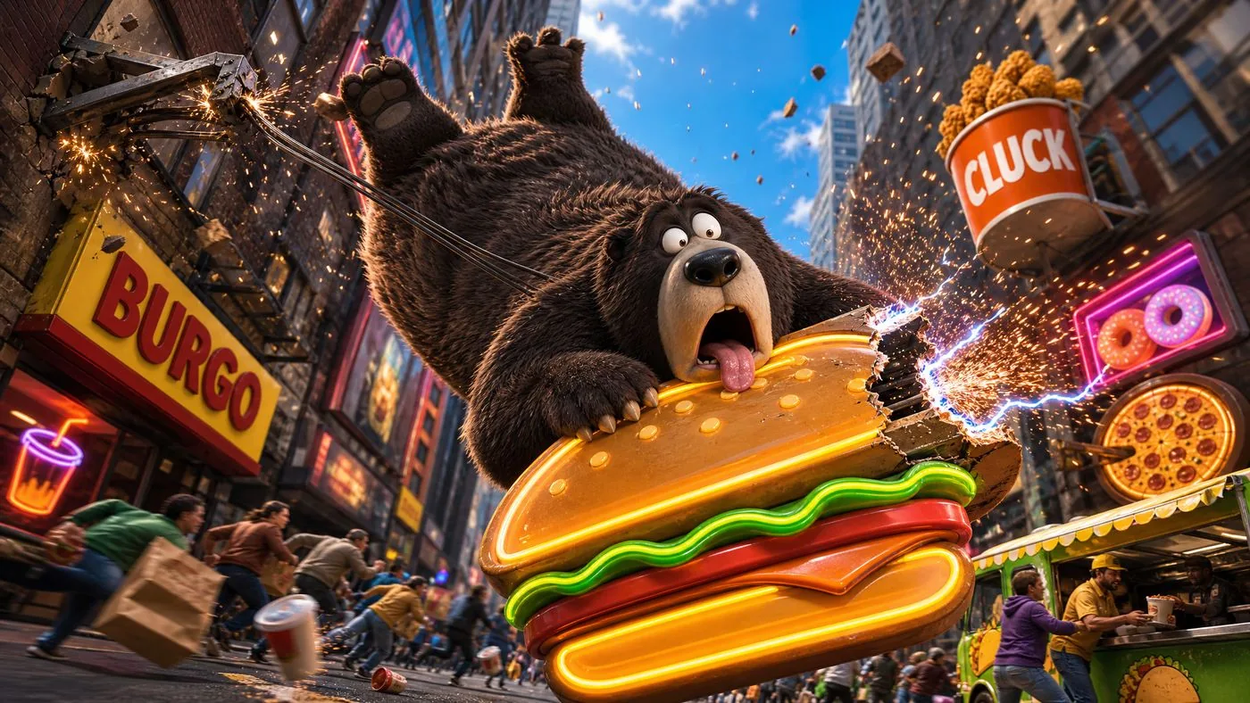 Wobble, l'ours, attrape un hamburger géant en pleine rue